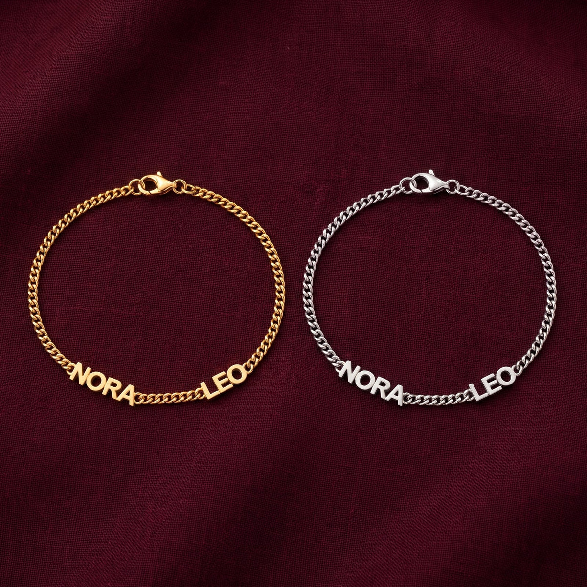 Gold-tone and silver-tone NORA and LEO name bracelets side by side