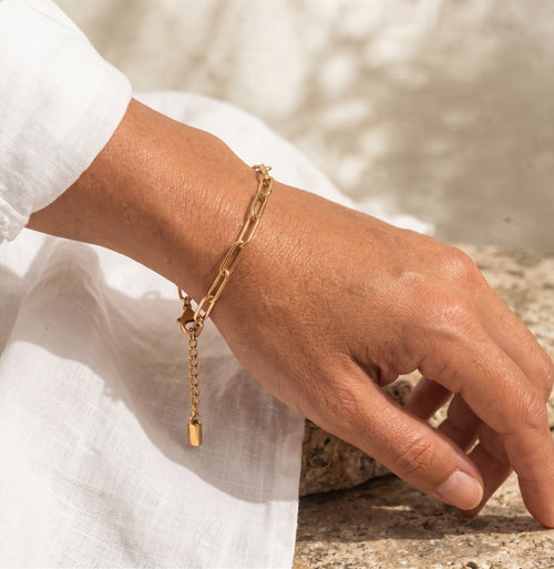 Fine Paperclip Chain Bracelet in gold tone worn on the wrist